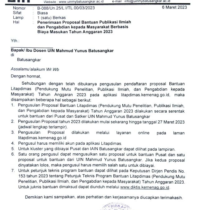 Penerimaan Proposal Bantuan Publikasi Ilmiah & PKM Berbasis SBM TA. 2023