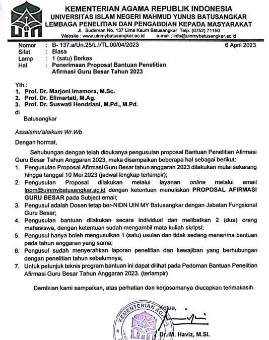 Penerimaan Proposal Bantuan Penelitian Afirmasi Guru Besar Tahun 2023